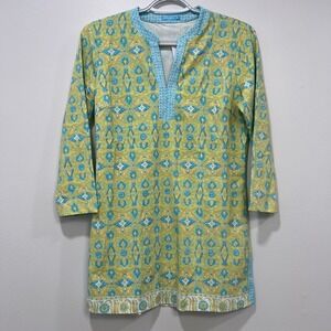 J Mclaughlin Boca Tunic Top XS NWT $178 3/4 Sleeve Stretch Beachwalk Geo‎ Green
